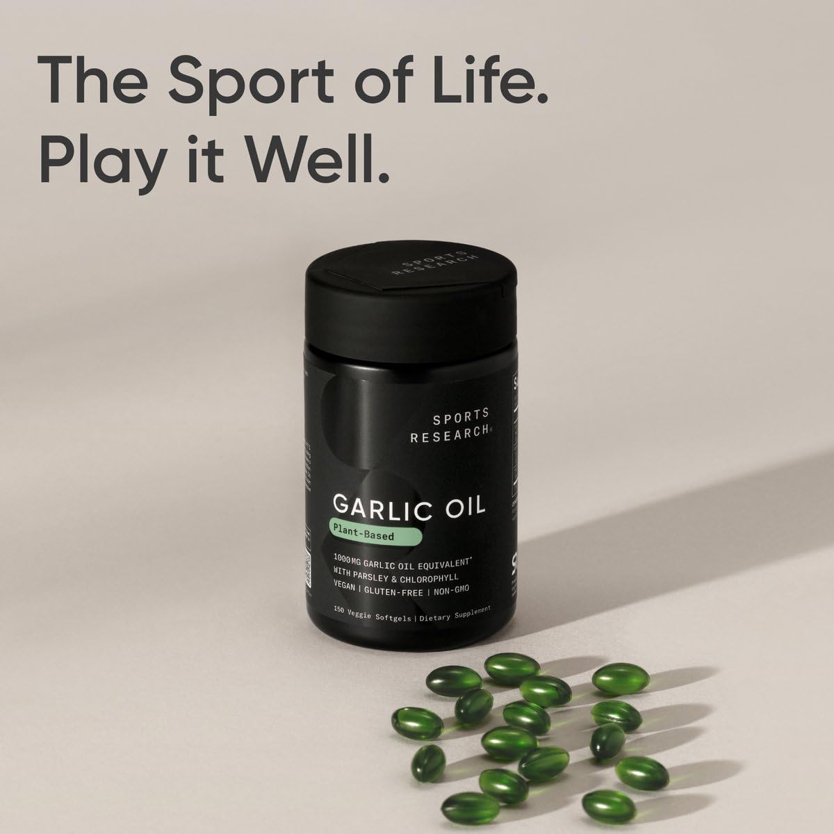 Sports Research Odorless Garlic Oil Pills 1000mg with Parsley & Chlorophyll – Non-GMO, Vegan, Gluten Free (2 x 150 Plant Gels)