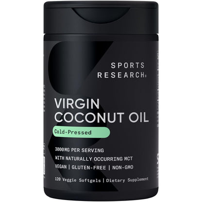 Sports Research Organic Coconut Oil Capsules 3000MG - Cold Pressed MCTs - 120 Softgels