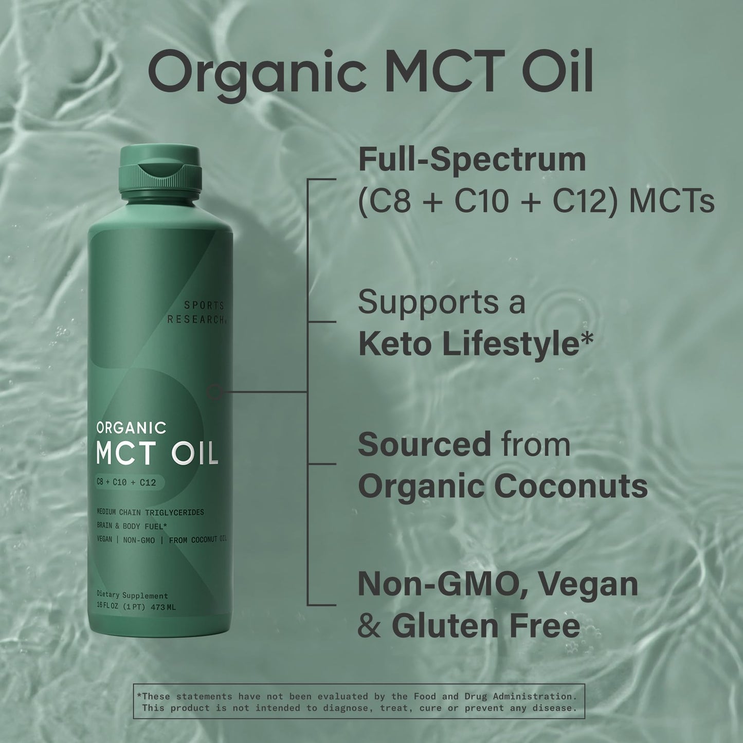 Sports Research Organic MCT Oil 32oz – Full Spectrum C8/C10/C12 from Coconut (Unflavored)