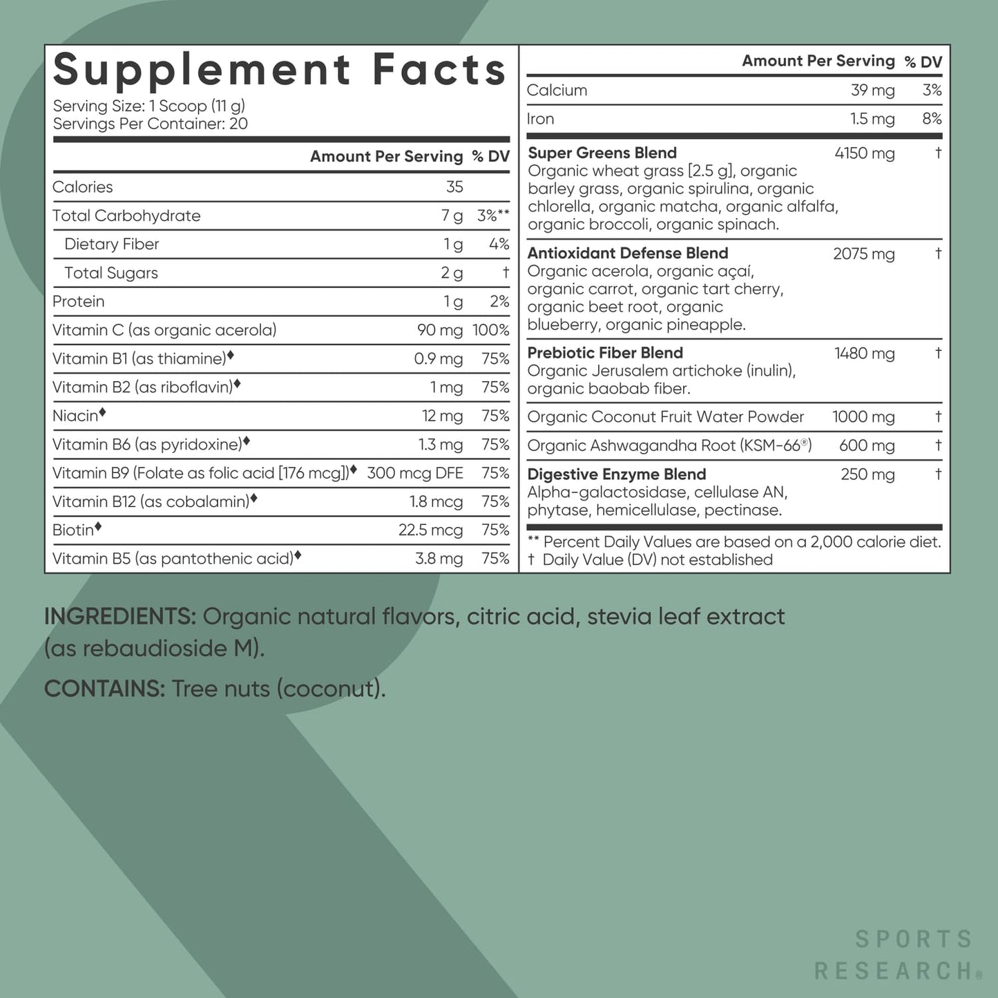 Sports Research Organic Pineapple Coconut Greens – Digestive Health, Natural Energy & Mood Support*, 20 Servings