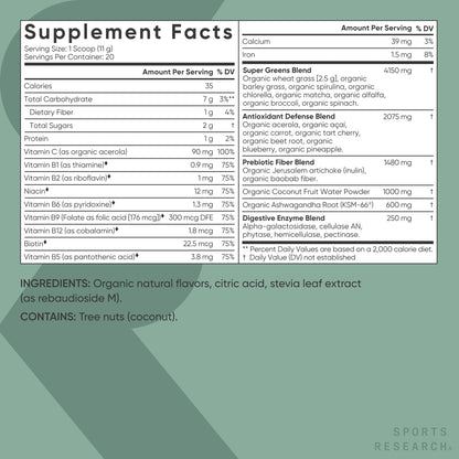 Sports Research Organic Pineapple Coconut Greens – Digestive Health, Natural Energy & Mood Support*, 20 Servings