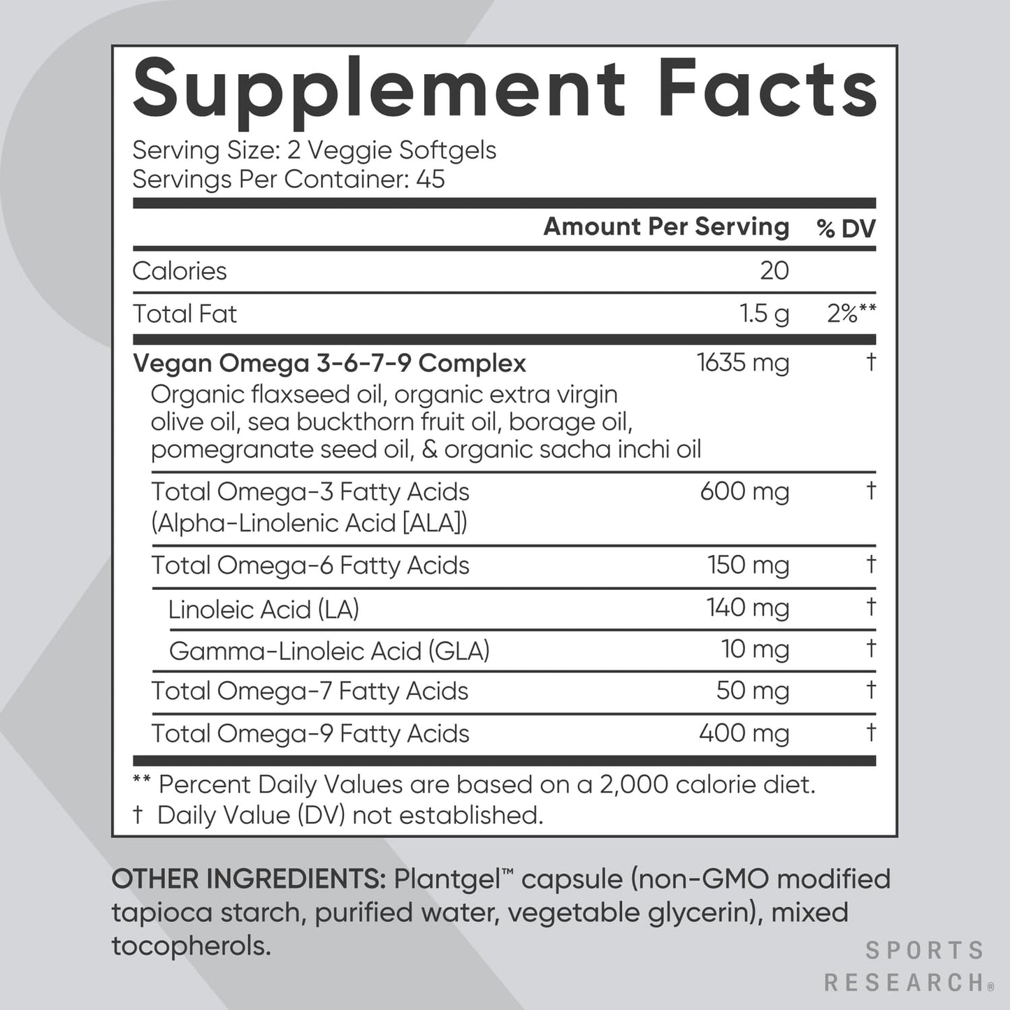 Sports Research Vegan Omega 3-6-7-9 1200 mg - 90 Veggie Softgels | Multi-Spectrum