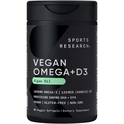 Sports Research Vegan Omega-3 + Vitamin D3 Softgels – 1020mg Omega-3, 5000 IU D3 (60 Veggie Softgels)