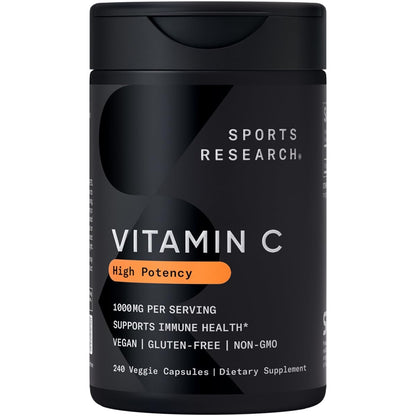 Sports Research High Potency Vitamin C 1000mg – Vegan Veggie Capsules, Non-GMO, Gluten Free, 240 Count