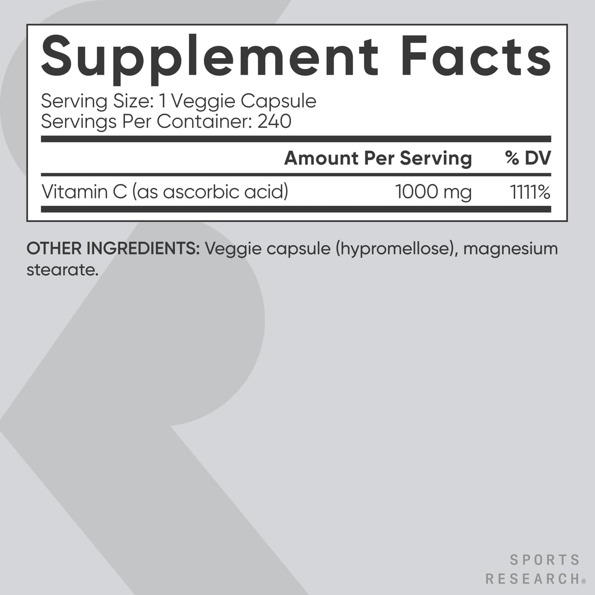 Sports Research High Potency Vitamin C 1000mg – Vegan Veggie Capsules, Non-GMO, Gluten Free, 240 Count