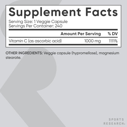 Sports Research High Potency Vitamin C 1000mg – Vegan Veggie Capsules, Non-GMO, Gluten Free, 240 Count