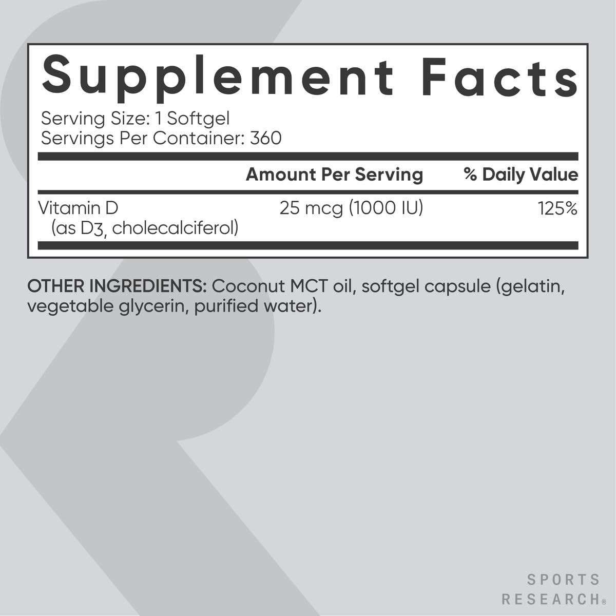 Sports Research Vitamin D3 1000 IU with Coconut MCT Oil - Immune & Bone Support