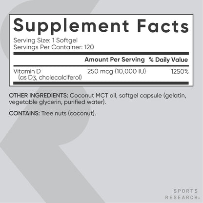 Sports Research Vitamin D3 10,000 IU with Coconut MCT Oil – 120 Softgels