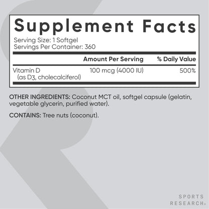Sports Research Vitamin D3 4000 IU with Coconut MCT Oil - 360 Softgels | Gluten Free, Non-GMO, Soy Free