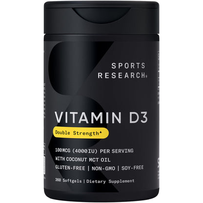 Sports Research Vitamin D3 4000 IU with Coconut MCT Oil - 360 Softgels | Gluten Free, Non-GMO, Soy Free
