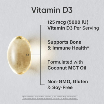 Sports Research Vitamin D3 5000 IU with Coconut MCT Oil – Extra Strength D3 Softgels, Non-GMO, Gluten & Soy Free, 30 Softgels