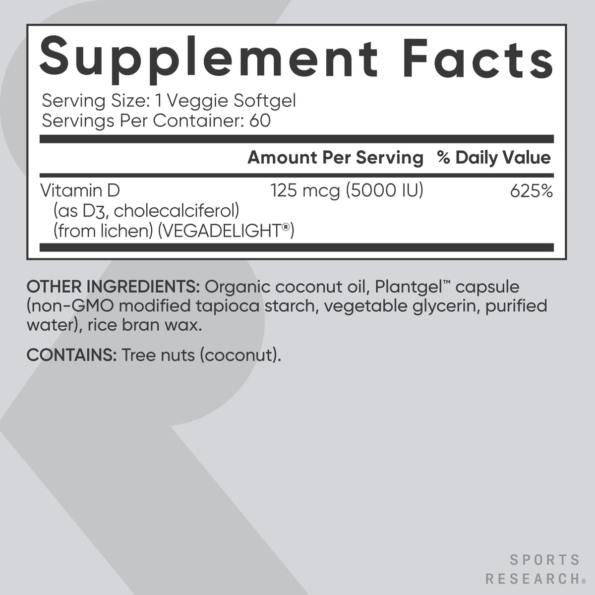 Sports Research Vegan Vitamin D3 5000IU (125 mcg) - 60 Softgels