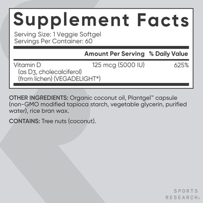 Sports Research Vegan Vitamin D3 5000IU (125 mcg) - 60 Softgels