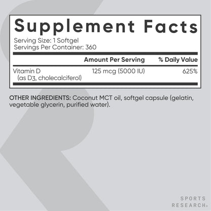 Sports Research Vitamin D3 5000 IU with Coconut MCT Oil - Immune & Bone Support - Seed Oil Free