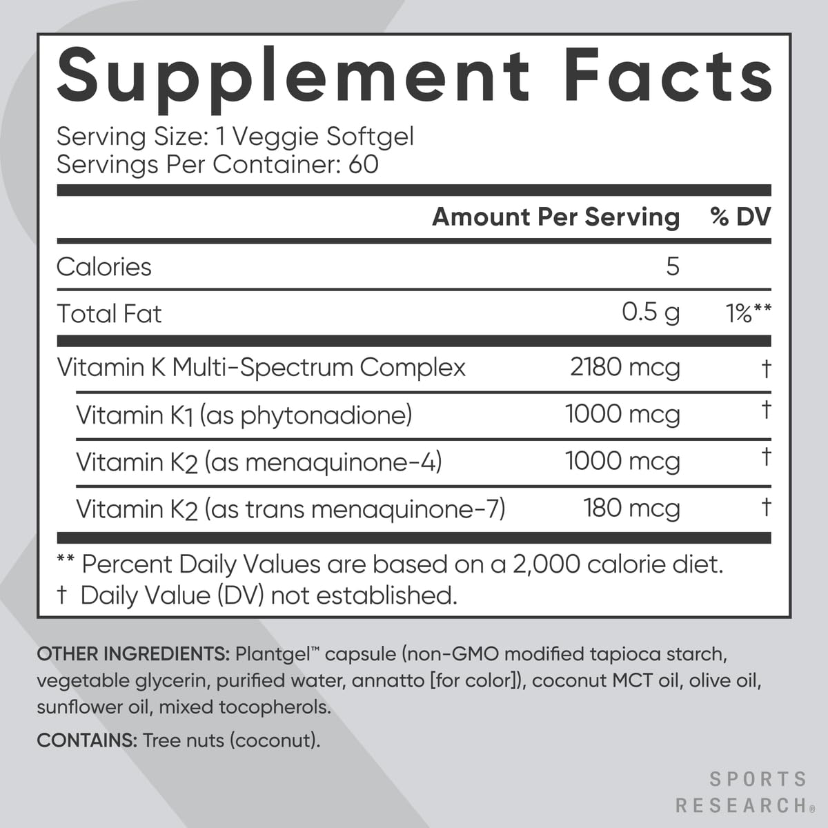 Sports Research Vitamin K Multi-Spectrum - 60 Softgels | K1, K2 MK-4 & MK-7
