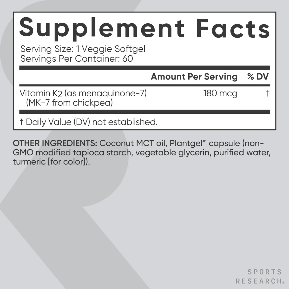 Vitamin K2 MK7 180mcg with Coconut Oil – 60 Veggie Softgels | Sports Research