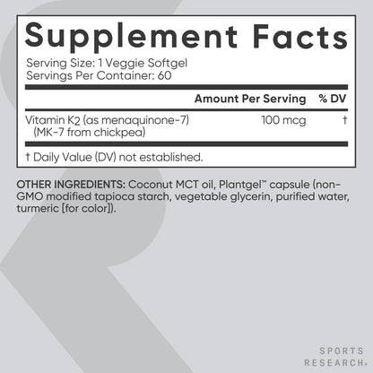 Sports Research Vitamin K2 MK-7 100 mcg with Coconut MCT Oil – 60 Veggie Softgels