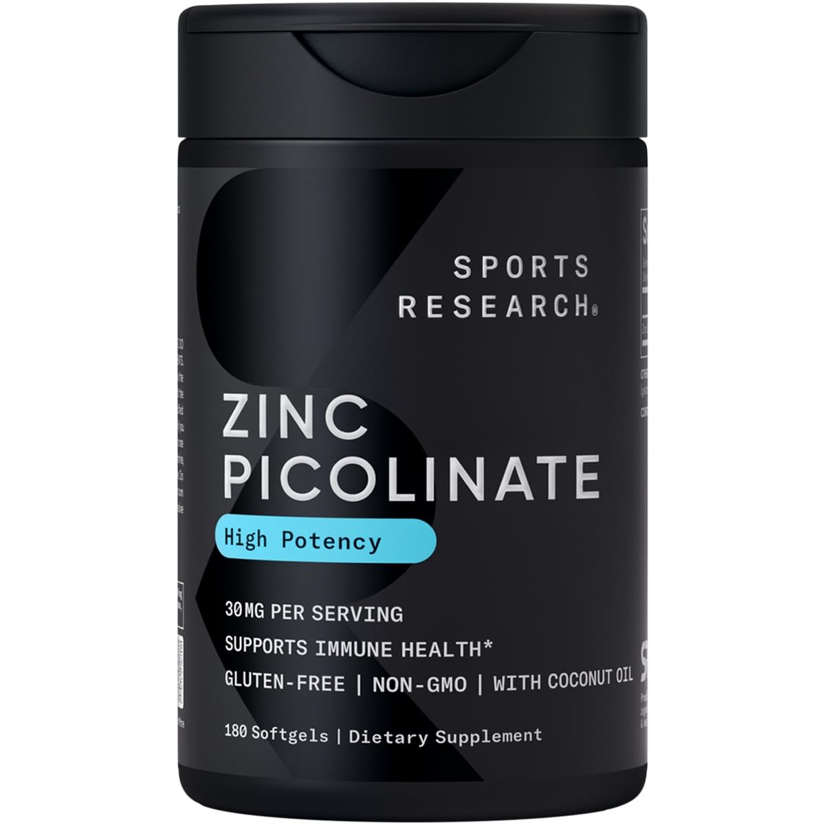 Sports Research Zinc Picolinate 30mg with Organic Coconut Oil - 180 Softgels
