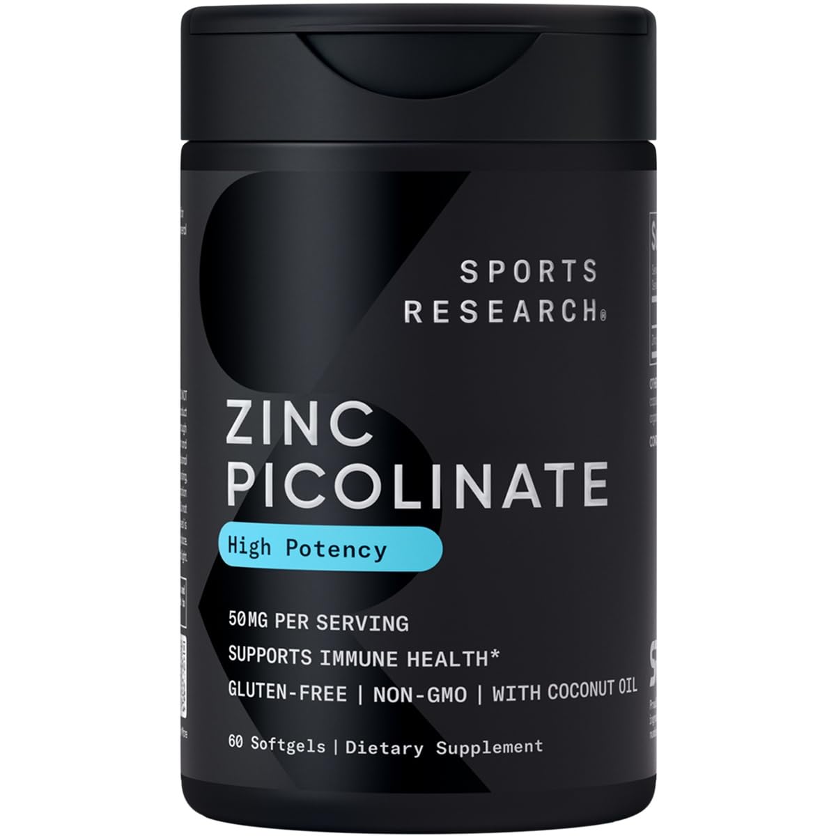 Sports Research Zinc Picolinate 50mg with Organic Coconut Oil – 60 Softgels