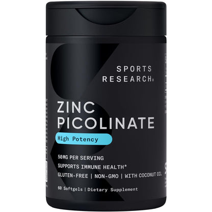 Sports Research Zinc Picolinate 50mg with Organic Coconut Oil – 60 Softgels