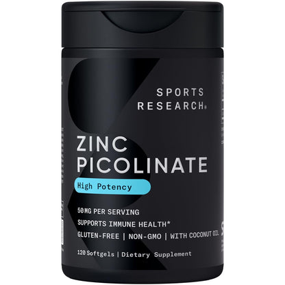 Sports Research Zinc Picolinate 50mg with Organic Coconut Oil – 120 Liquid Softgels