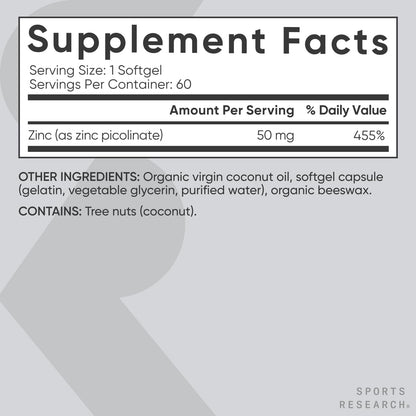 Sports Research Zinc Picolinate 50mg with Organic Coconut Oil – 60 Softgels