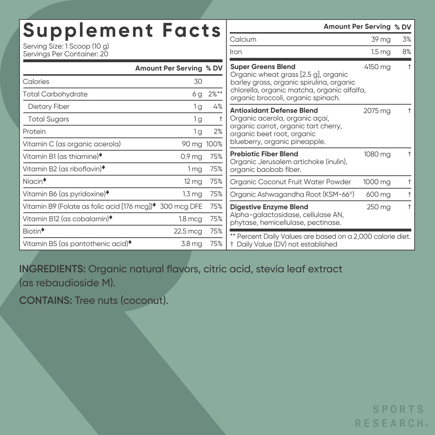 Sports Research Organic Greens Powder – Spirulina & Chlorella, 8 B Vitamins, Vegan