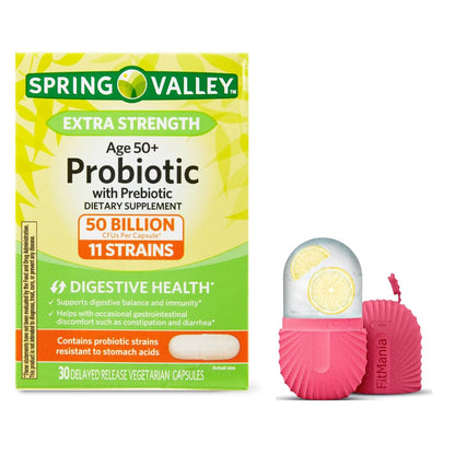 Spring Valley Age 50+ Probiotic + Prebiotic (30 Count) — Delayed-Release Vegetarian Capsules for Digestive Health | Gift Ice Roller