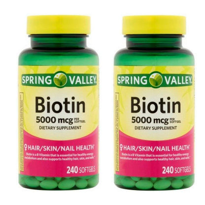 Spring Valley Biotin 5000 mcg Softgels, 240 Count - Pack of 2 | Hair, Skin & Nails Wellness
