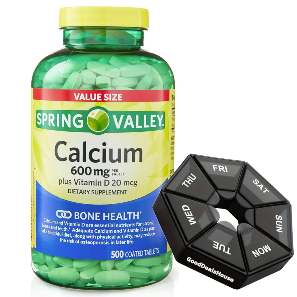 Spring Valley Calcium 600 mg + Vitamin D 20 mcg - 500 Count with Weekly Pill Organizer | GoodDealsHouse