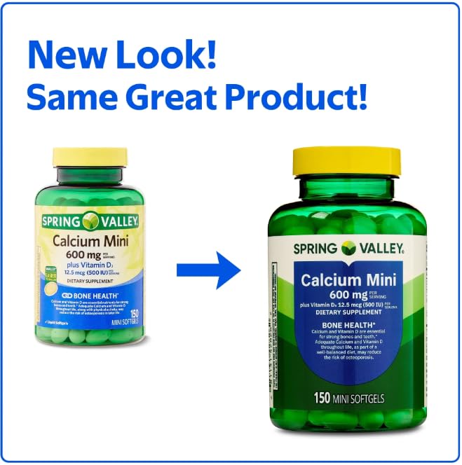 Spring Valley Calcium 600mg + Vitamin D3 – 150 Mini Softgels, Bone & Teeth Support, Gluten-Free