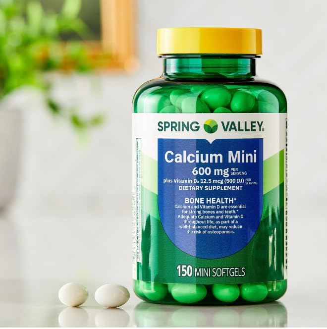 Spring Valley Calcium 600mg + Vitamin D3 – 150 Mini Softgels, Bone & Teeth Support, Gluten-Free
