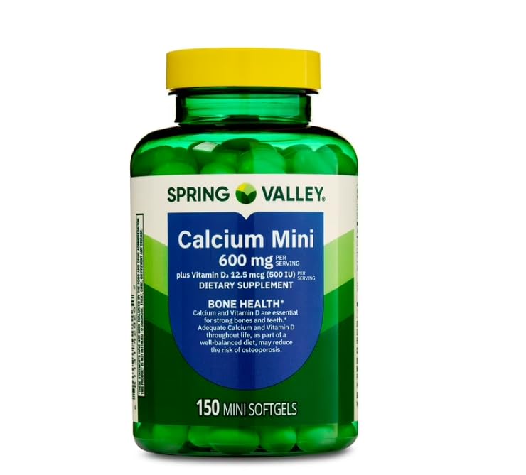 Spring Valley Calcium 600mg + Vitamin D3 – 150 Mini Softgels, Bone & Teeth Support, Gluten-Free