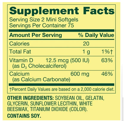 Spring Valley Calcium 600mg + Vitamin D3 – 150 Mini Softgels, Bone & Teeth Support, Gluten-Free