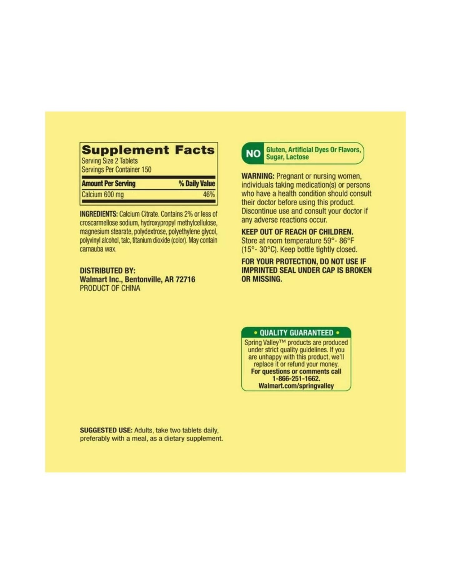 Spring Valley Calcium Citrate 600 mg, 300 Tablets – Bone & Joint Health | STS Sticker