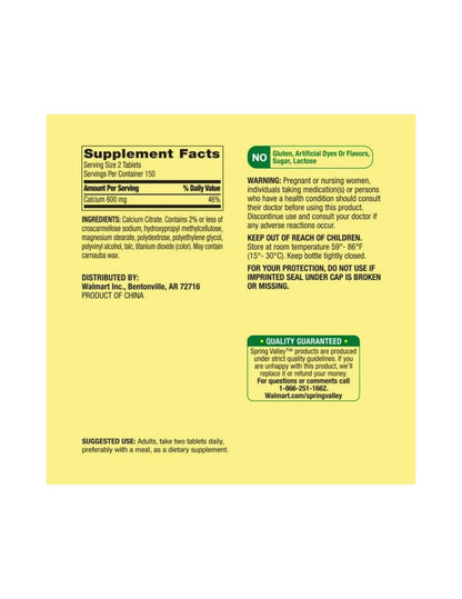 Spring Valley Calcium Citrate 600 mg, 300 Tablets – Bone & Joint Health | STS Sticker