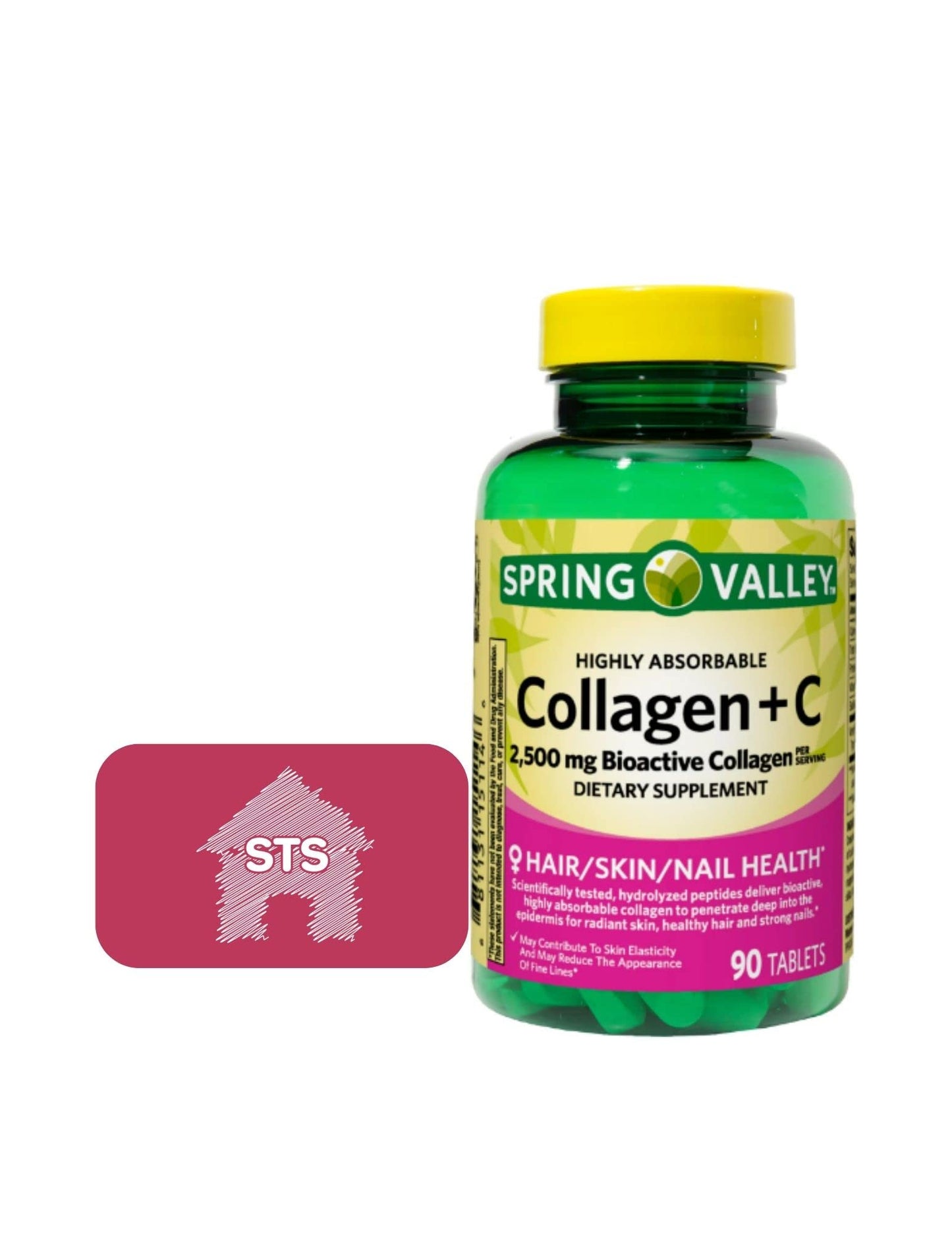 Spring Valley Collagen + C 2,500 mg Bioactive Collagen, 90 Count + STS Sticker | Dietary Supplement