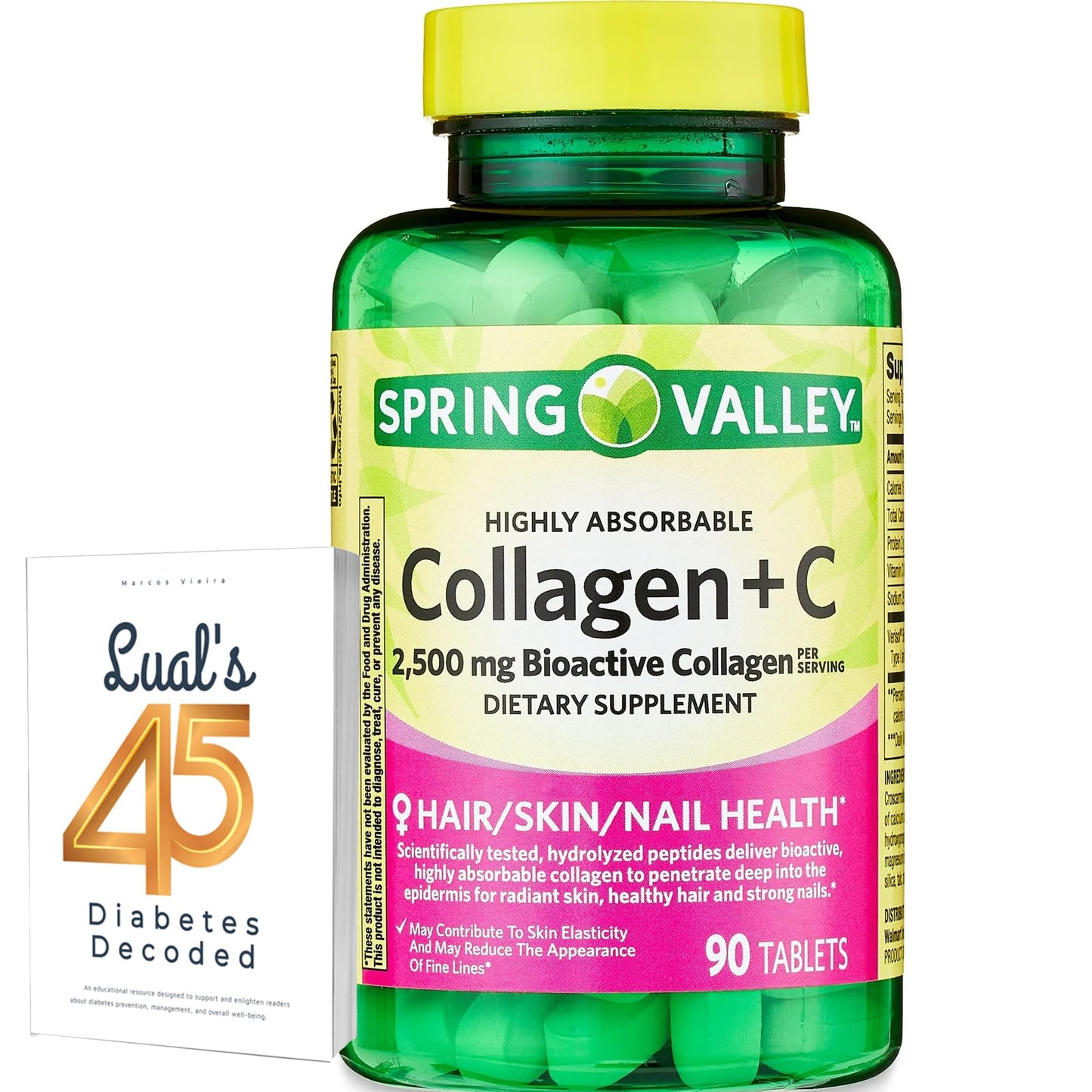 Spring Valley Collagen + C Tablets for Hair, Skin & Nails – 2,500 mg Collagen + 60 mg Vitamin C, 90 Count (Highly Absorbable)