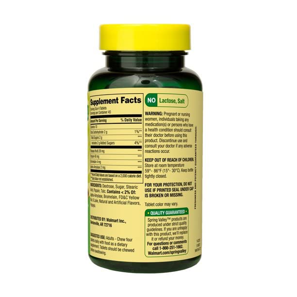 Spring Valley Papaya Enzyme Complex Tablets - 180 Count Pack of 2