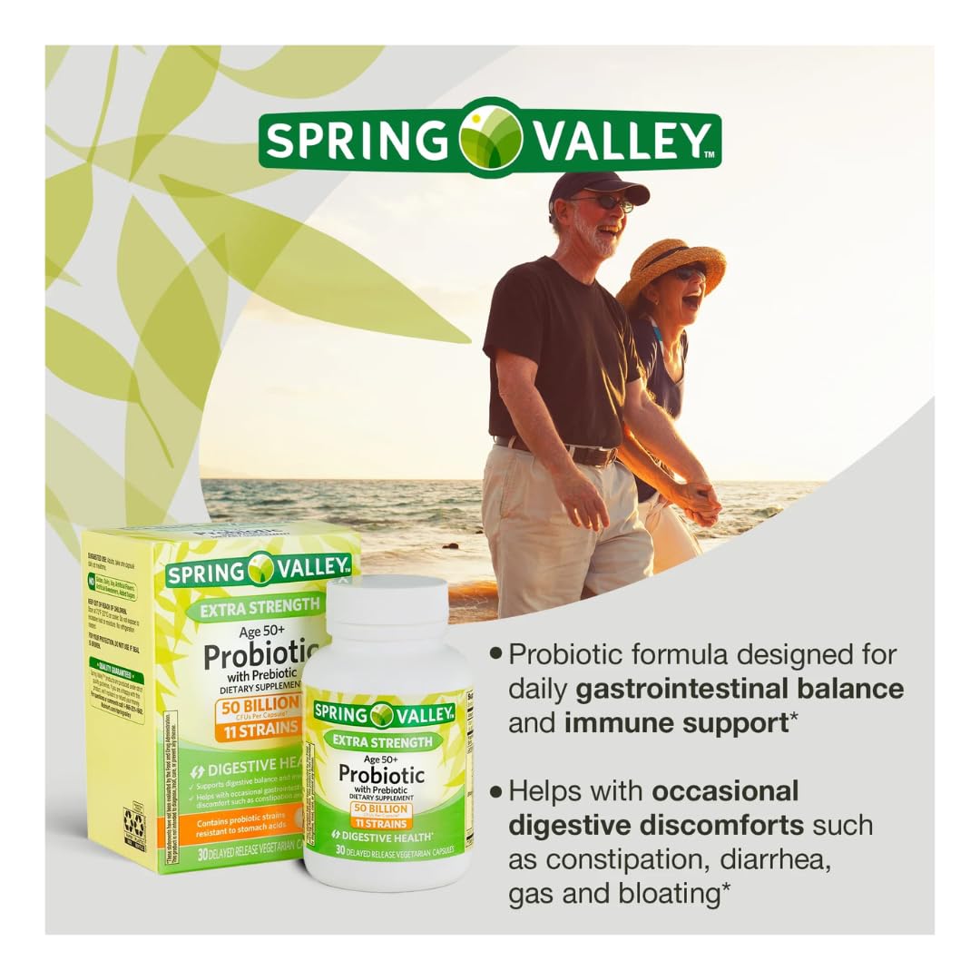 Spring Valley Age 50+ Probiotic + Prebiotic (30 Count) — Delayed-Release Vegetarian Capsules for Digestive Health | Gift Ice Roller