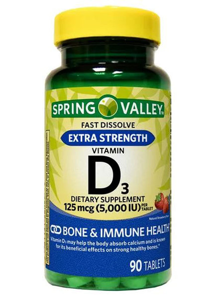 Spring Valley Vitamin D3 Fast Dissolve Tablets 125 mcg (5,000 IU) Strawberry – 90 Count