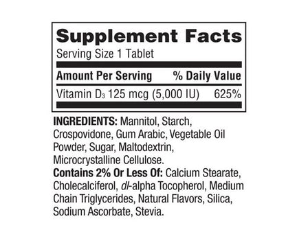 Spring Valley Vitamin D3 Fast Dissolve Tablets 125 mcg (5,000 IU) Strawberry – 90 Count