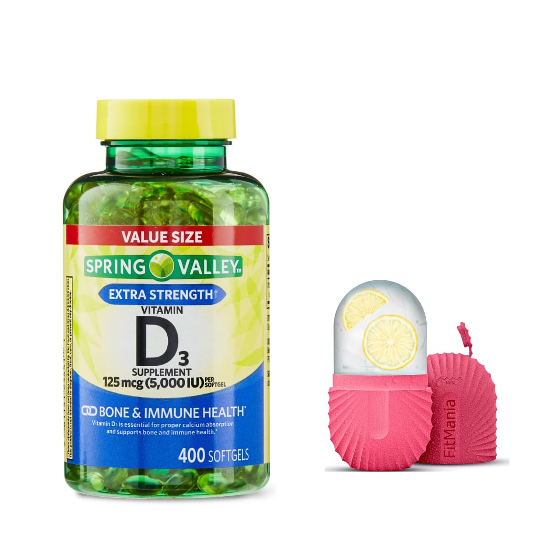 Spring Valley Vitamin D3 Softgels 125 mcg (5,000 IU) – 400 Count + Gift Ice Roller