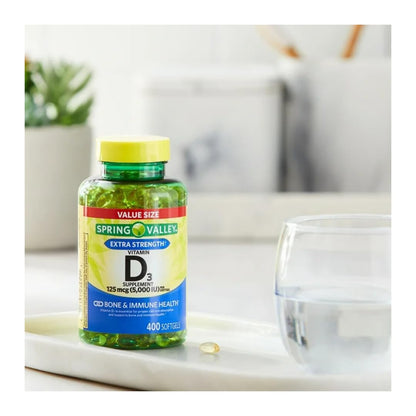 Spring Valley Vitamin D3 Softgels 125 mcg (5,000 IU) – 400 Count + Gift Ice Roller