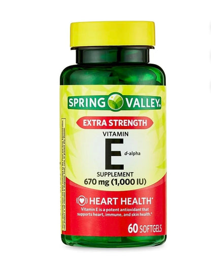 Spring Valley Vitamin E D-Alpha Softgels 670 mg (1,000 IU) – 60 Count | Heart Health