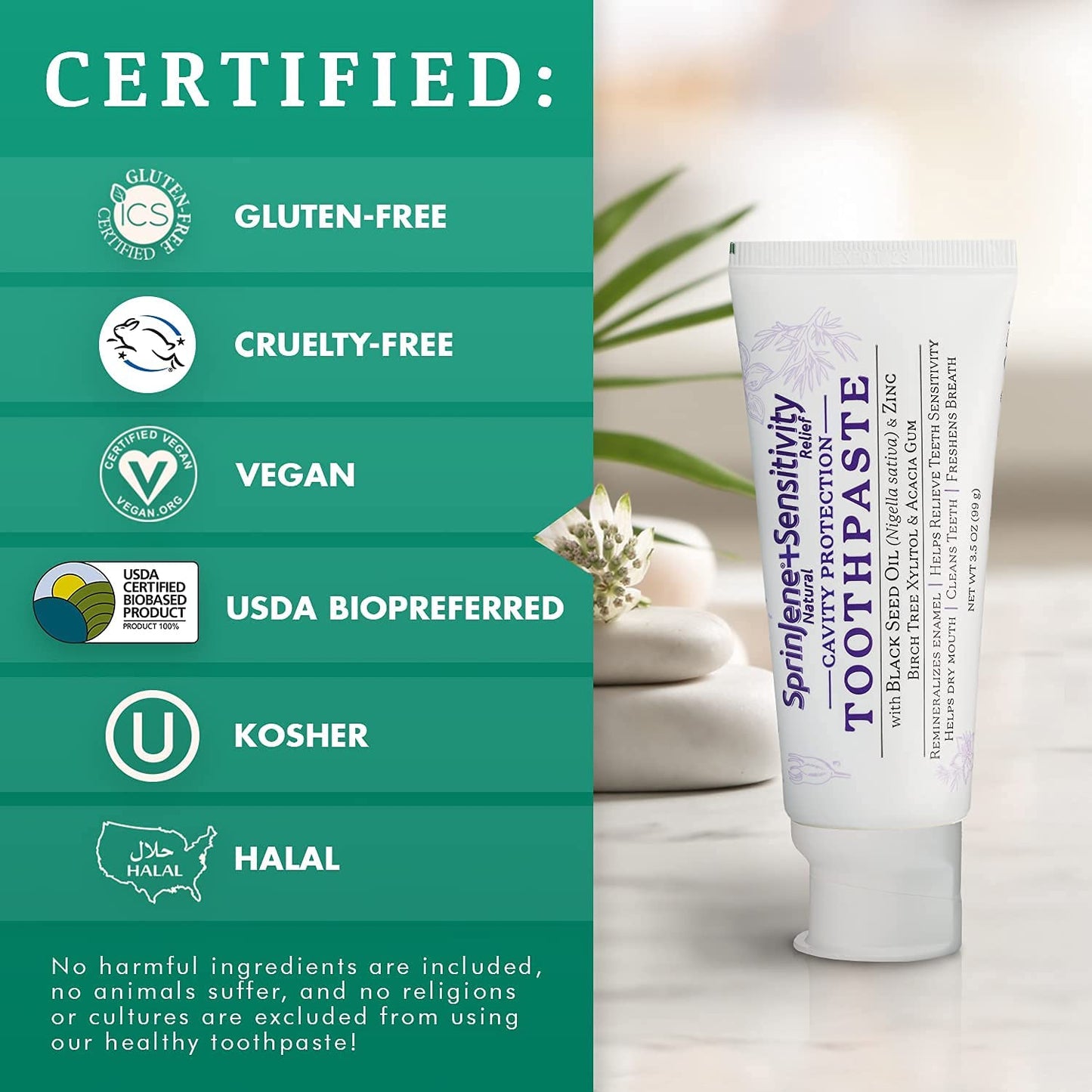 SprinJene Natural Sensitivity Relief Toothpaste – Fluoride for Sensitive Teeth, Cavity Protection, SLS Free – Black Seed Oil & Zinc – Made in USA (1 Pack)