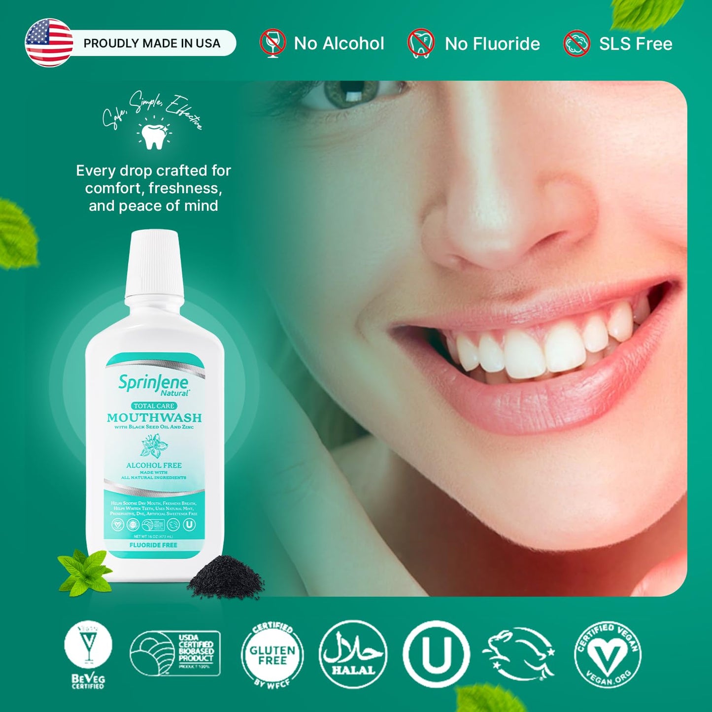 SprinJene Alcohol Free Mouthwash with Xylitol – Fluoride Free, Vegan, Made in USA