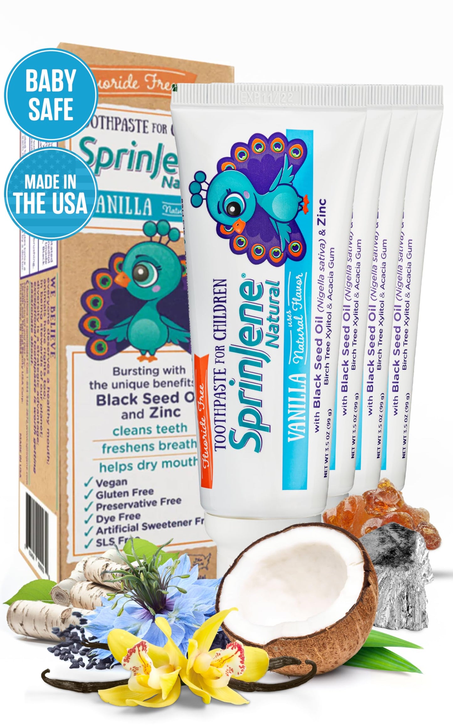 SprinJene Natural Children’s Toothpaste – Fluoride Free Vanilla Toothpaste for Toddlers & Kids – Gentle Safe Natural Formula with Patented Black Seed Oil & Zinc – Made in The USA (4 Pack)