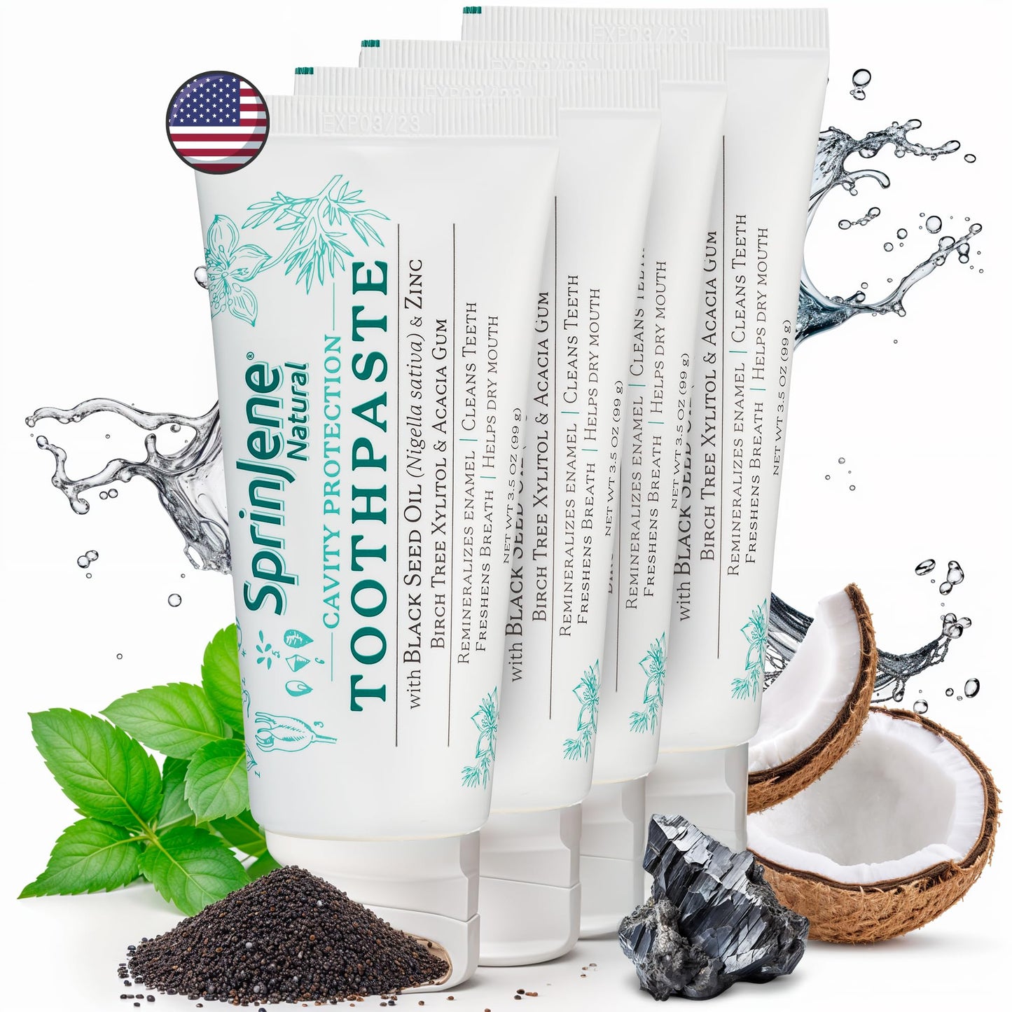 SprinJene Natural Fluoride Toothpaste – Natural Toothpaste for Gum Health & Cavity Protection – Patented Black Seed Oil & Zinc Formula for Healthy Teeth & Gums – Made in The USA (4 Pack)