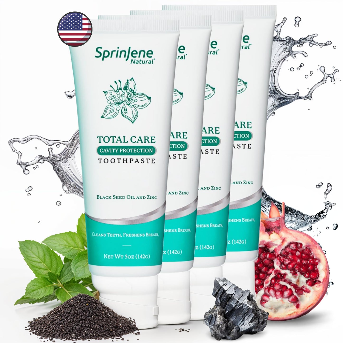 SprinJene Natural Total Care Toothpaste – Fluoride, Black Seed Oil & Zinc | Made in USA (4 Pack)